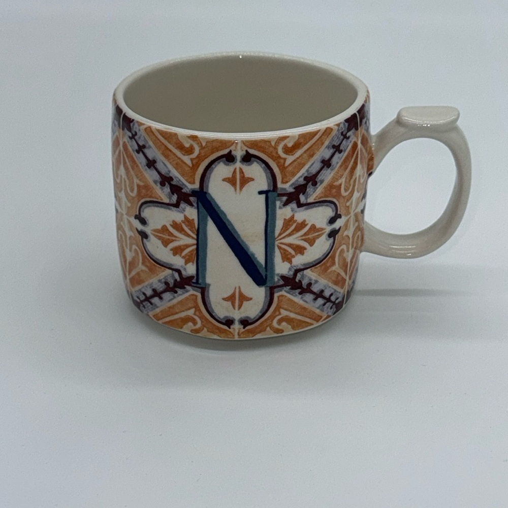 Anthropologie “N” Mezze Monogrammed Mug Ceramic‎ Orange Purple